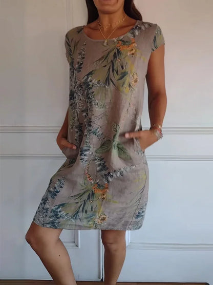 Breathable Tropical Print Side-Pocket Shift Dress