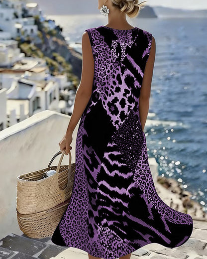 Robe Patchwork Imprimé Léopard Sans Manches Longue