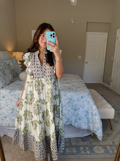 Artistic Floral Print Ruffle Sleeve Maxi Dress