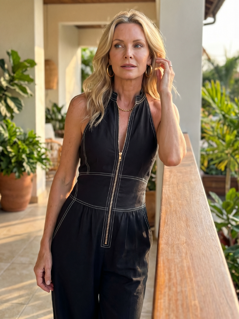 Patricia | Front-Zip Contrast Seam Wide-Leg Jumpsuit