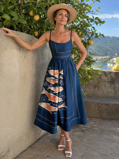 Calythene | Fish Print Sleeveless Midi Dress