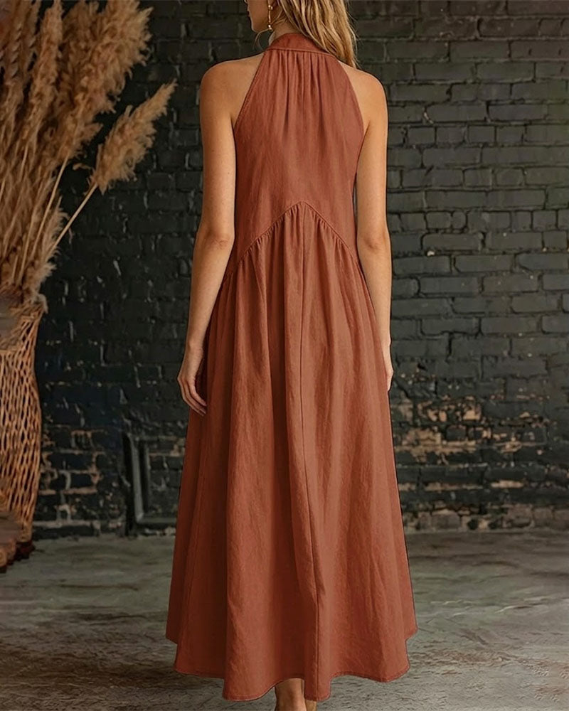 Robe 100% Coton Sans Manches Col Montant Unie Maxi