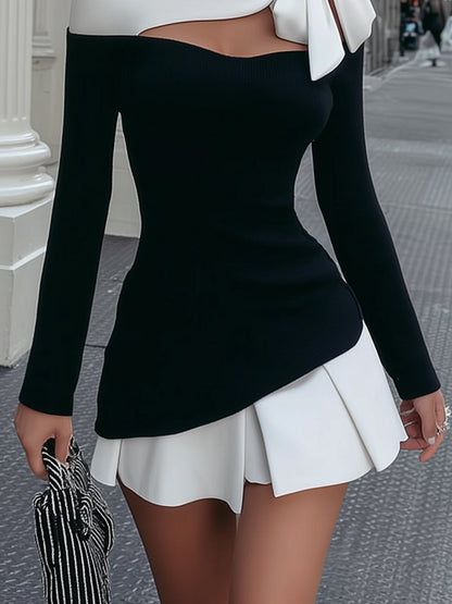 Black And White Stitched Strappy Bow Tie Mini Dress