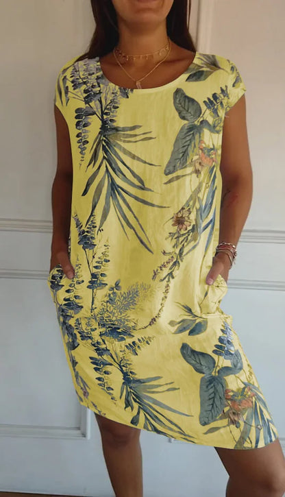 Breathable Tropical Print Side-Pocket Shift Dress