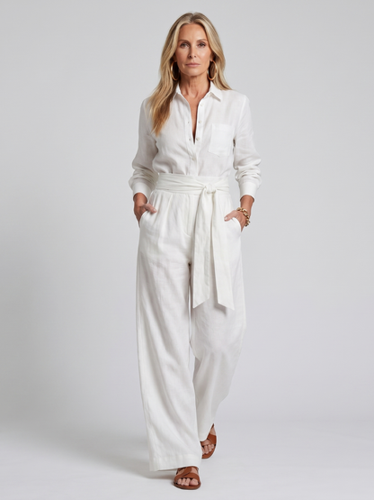 Connie | Long Sleeve Button Wide-Leg Jumpsuit