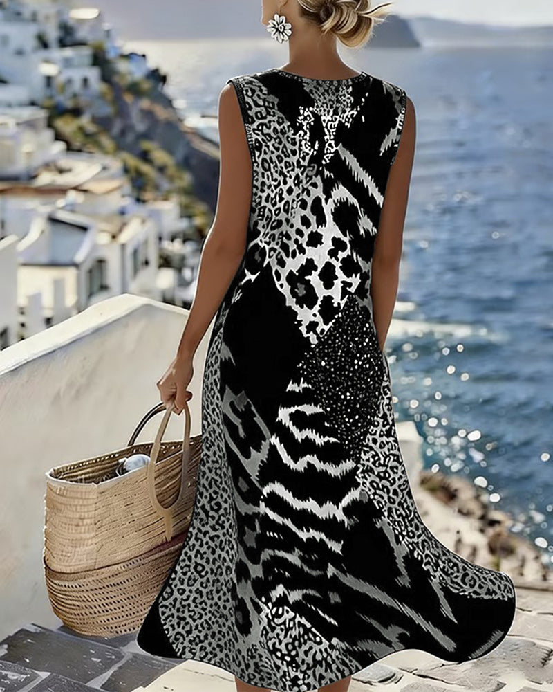 Robe Patchwork Imprimé Léopard Sans Manches Longue