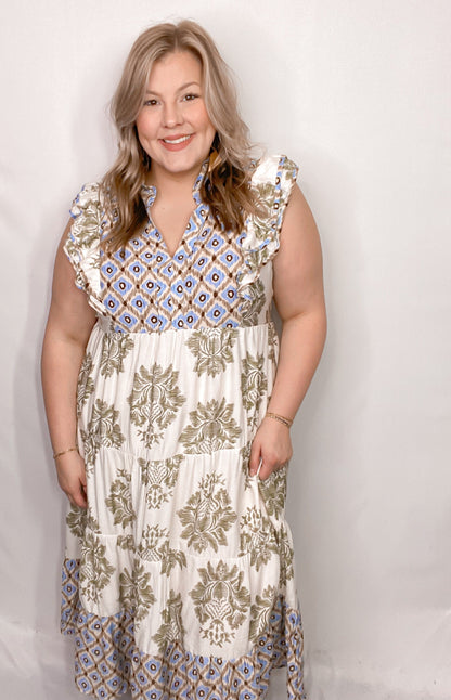 Artistic Floral Print Ruffle Sleeve Maxi Dress