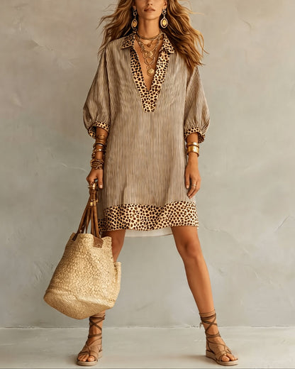 Robe Panneau Imprimé Léopard Manche Bouffante Chemise Rayée