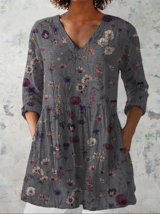 Women's Flowers Art Print Casual Linen V-neck Shirt