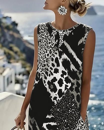 Robe Patchwork Imprimé Léopard Sans Manches Longue