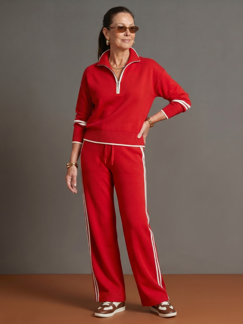 Shirley | Side-Stripe Long Sleeve Zip Collar Pants Set