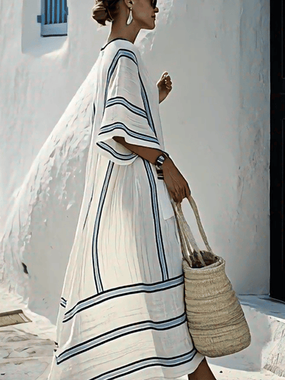 Striped Embroidered V-Neck Dress