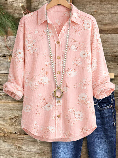 Sharon™ | Blush Pink Floral Roll-Sleeve Button Shirt