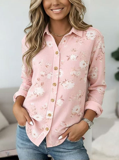 Sharon™ | Blush Pink Floral Roll-Sleeve Button Shirt