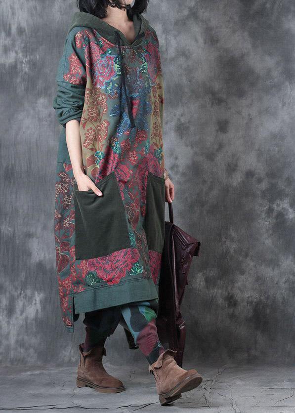 Modern Green Print Cotton Clothes Hooded Drawstring Art Dress