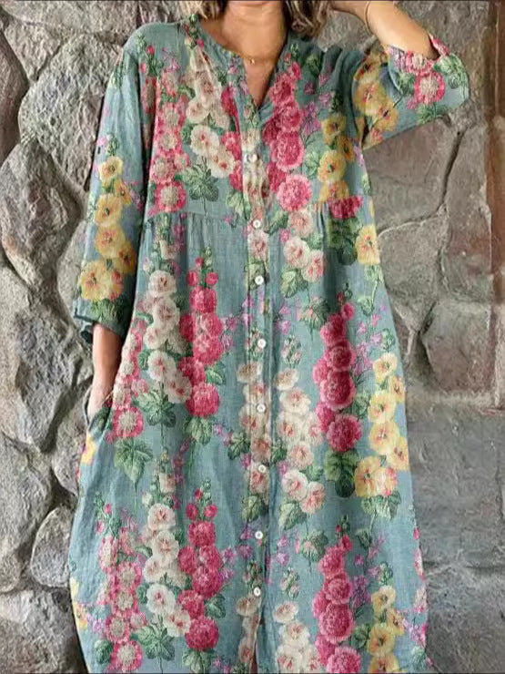 Elegant Floral Loose Button Dress