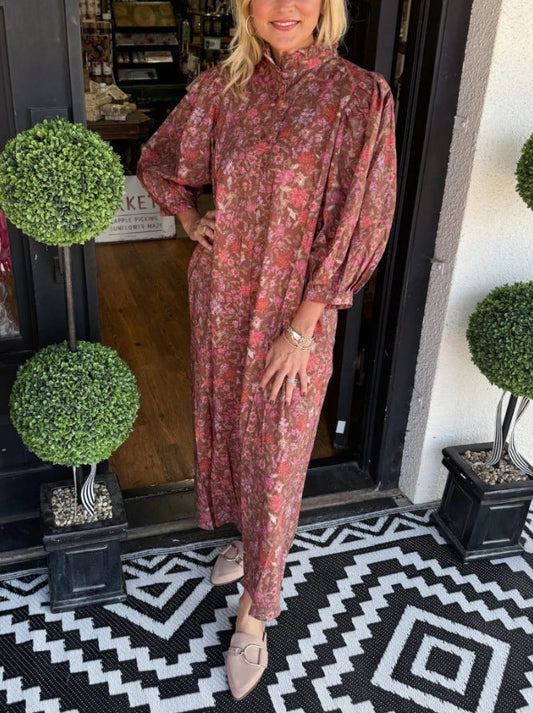 Floral Print Vintage Puff-Sleeve Maxi Dress