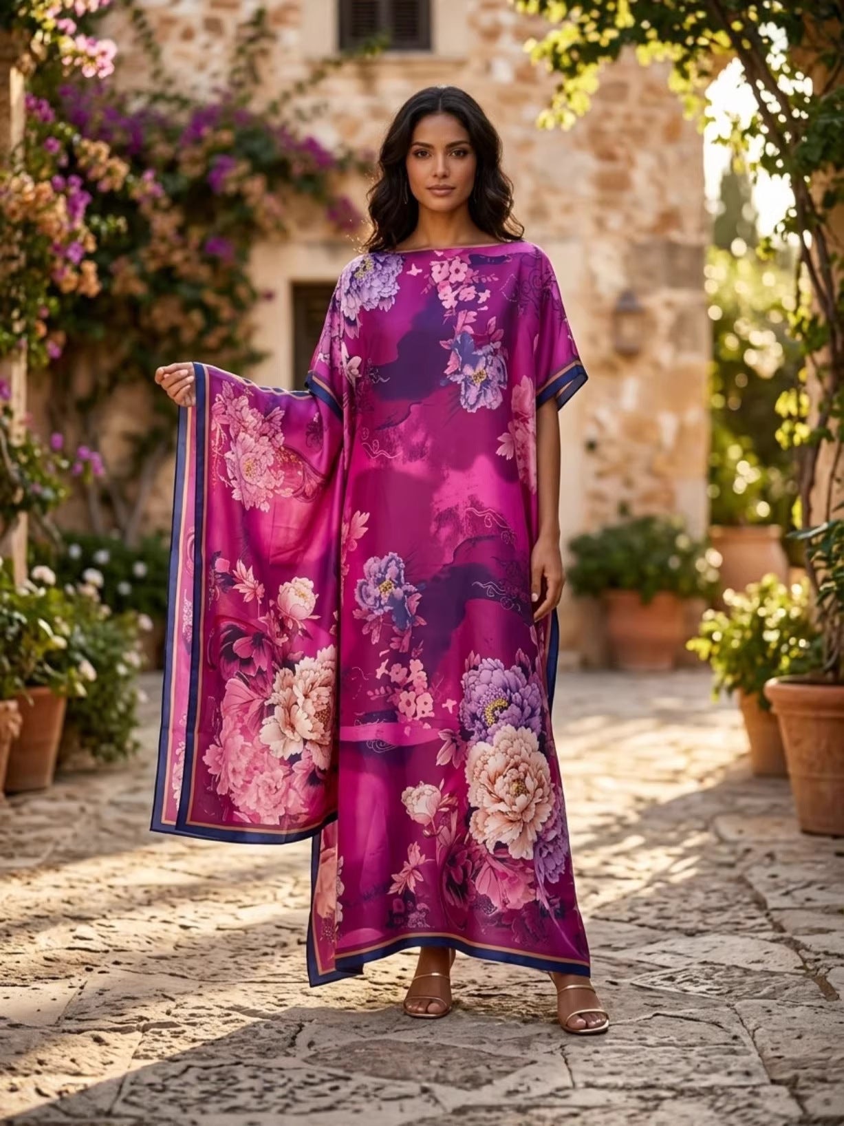 Elegant Floral Print Silk Kaftan Dress