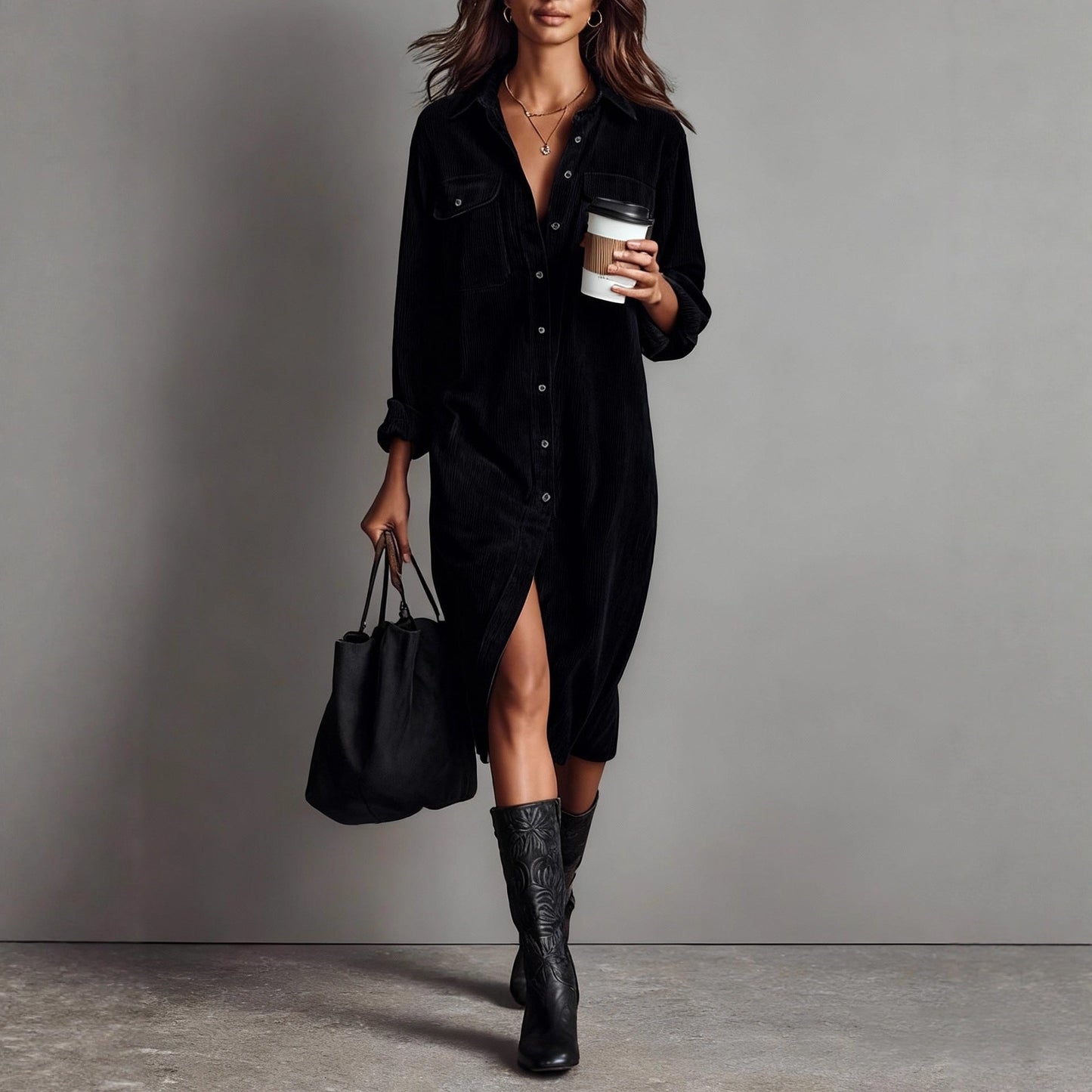 Rosamund™ | Corduroy Button-Front Shirt Dress