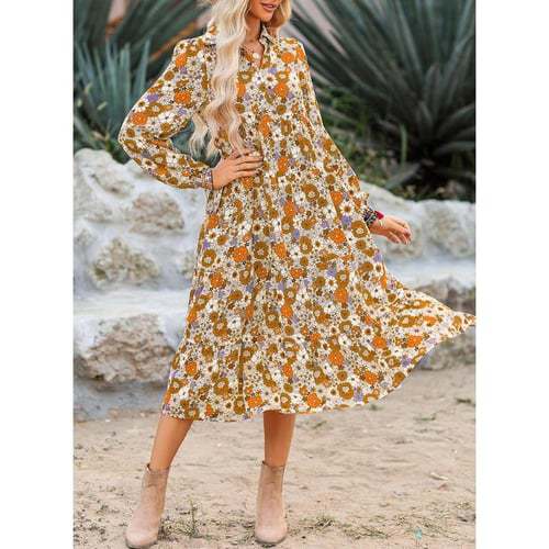 Floral Print Boho Button-Down Midi Dress