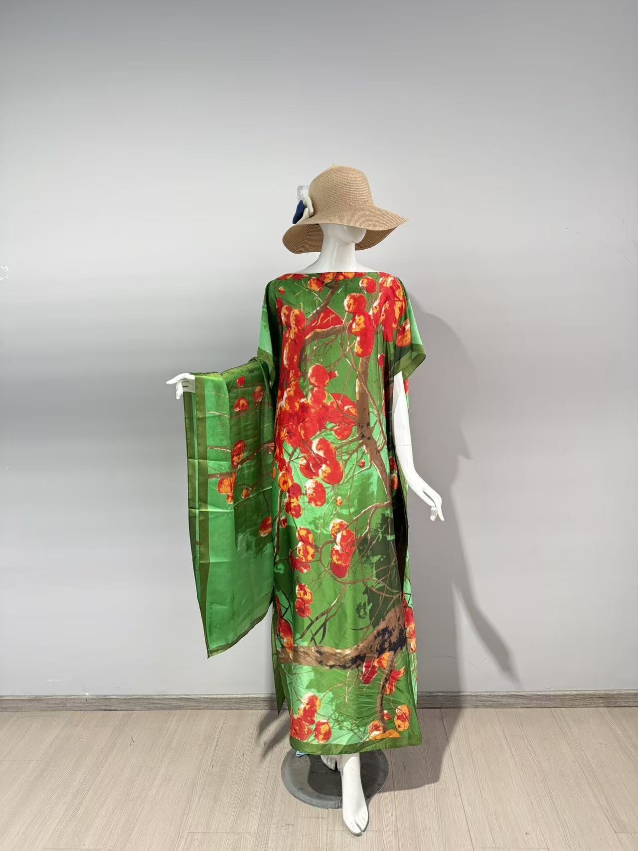 Elegant Floral Print Silk Kaftan Dress