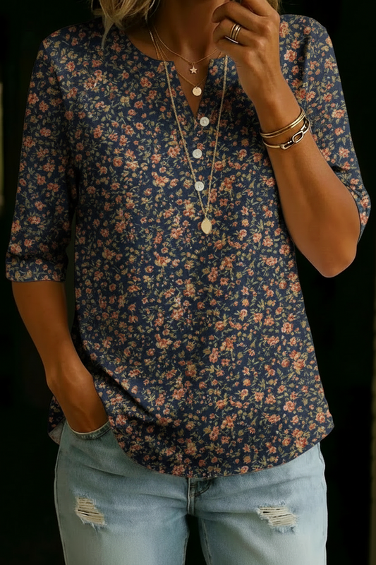 Women’s Floral Print Half Sleeve Henley Cotton Top