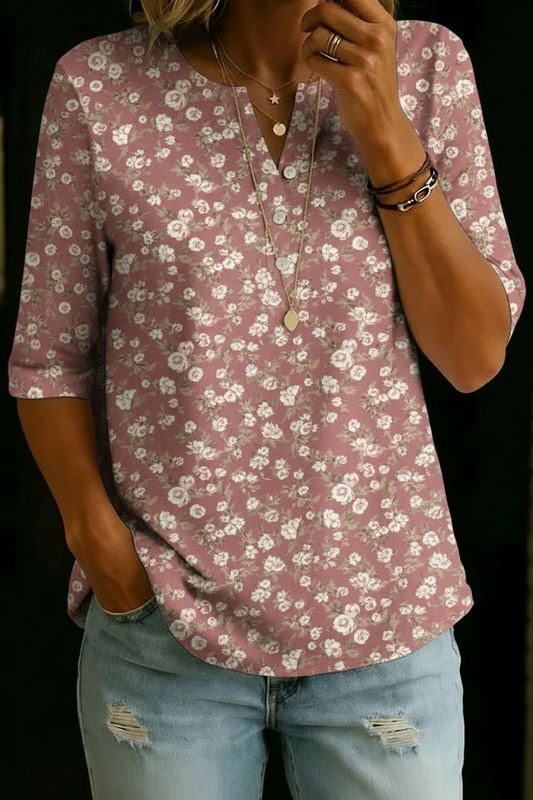 Women’s Dusty Pink Floral Print Half Sleeve Henley Cotton Top