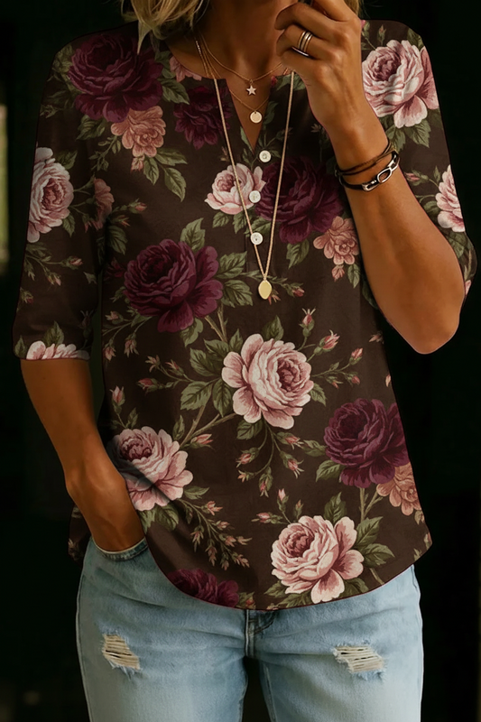 Women’s Brown Rose Floral Print Half Sleeve Henley Cotton Blend Top