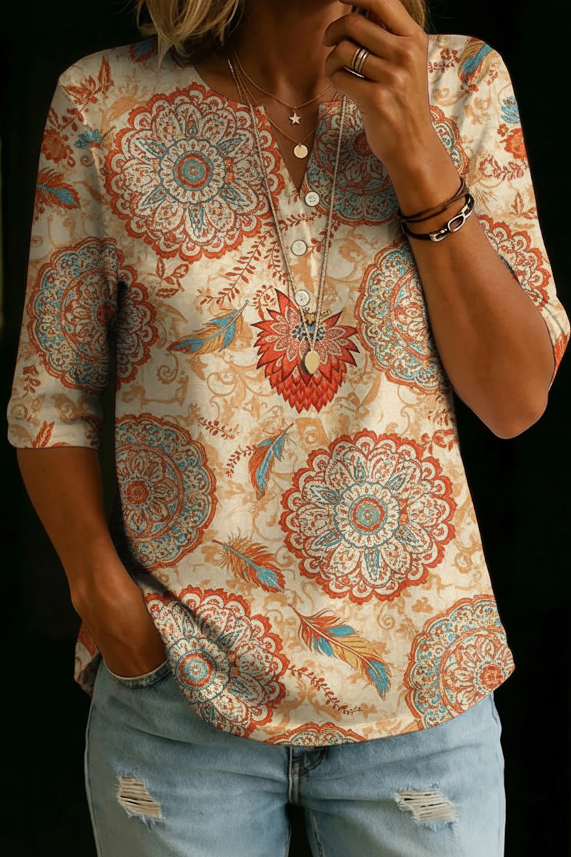 Women’s Beige Boho Medallion Print Half Sleeve Henley Cotton Blend Top