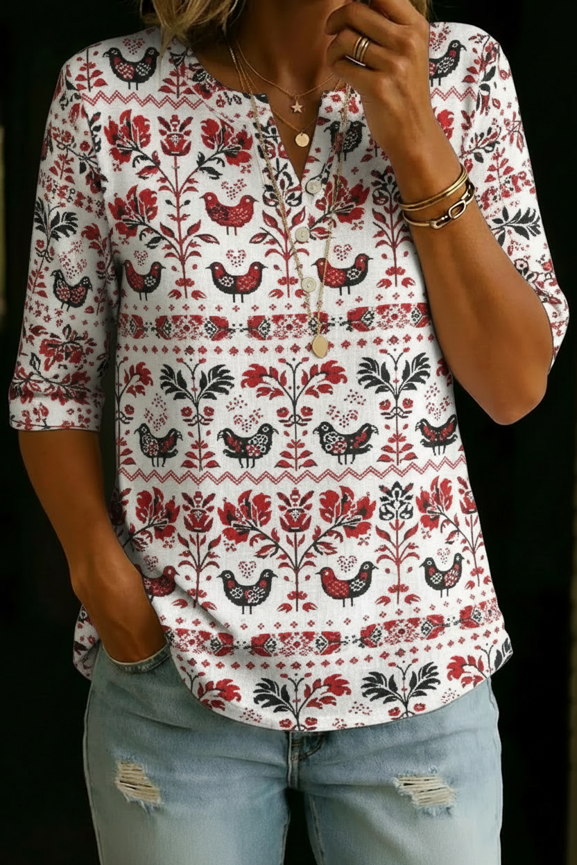 Women’s Red Folk Bird Print Half Sleeve Henley Cotton Blend Top