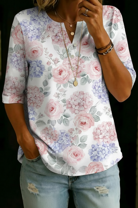 Women’s Pink Hydrangea Rose Print Half Sleeve Henley Cotton Blend Top