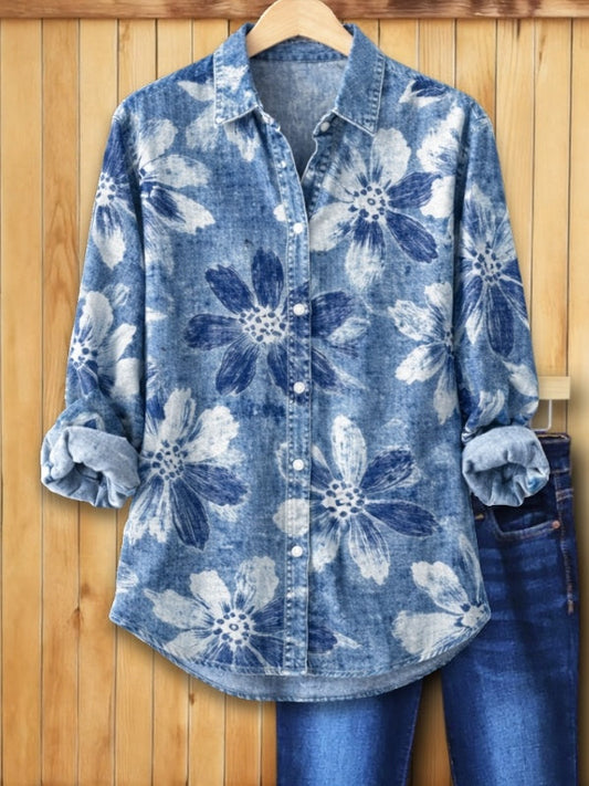 Cynthia™ | Washed Denim Floral Button-Down Shirt