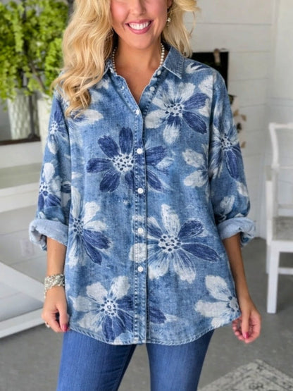 Cynthia™ | Washed Denim Floral Button-Down Shirt