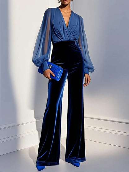 Barbara | V-neck sleeve velvet jumpsuit