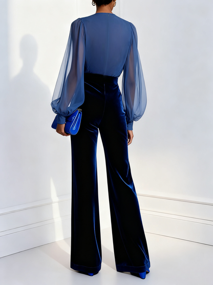 Barbara | V-neck sleeve velvet jumpsuit
