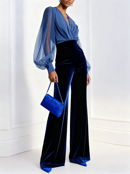 Barbara | V-neck sleeve velvet jumpsuit