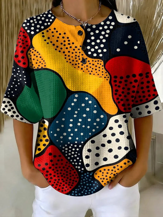Women's Abstract Pattern Art Print Casual Waffle Cotton Shirt RSWS2305