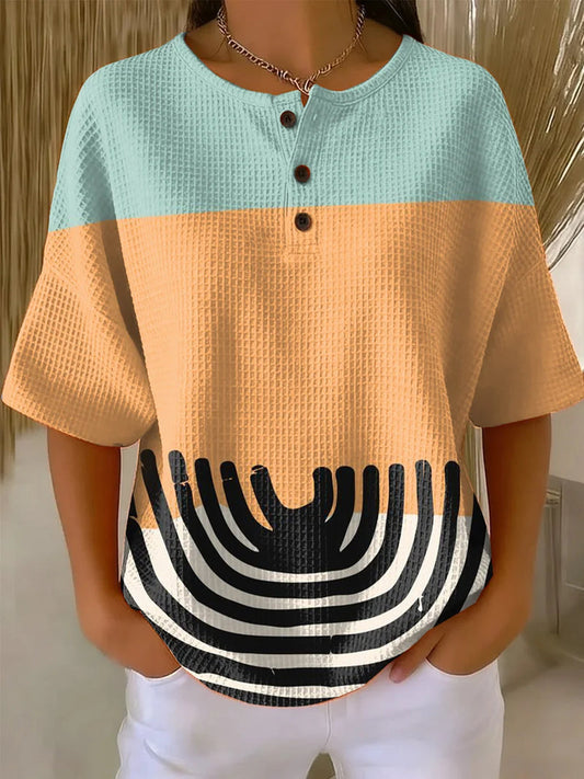 Women's Colorful Geometric Art Print Casual Waffle Cotton Shirt RSWS2312