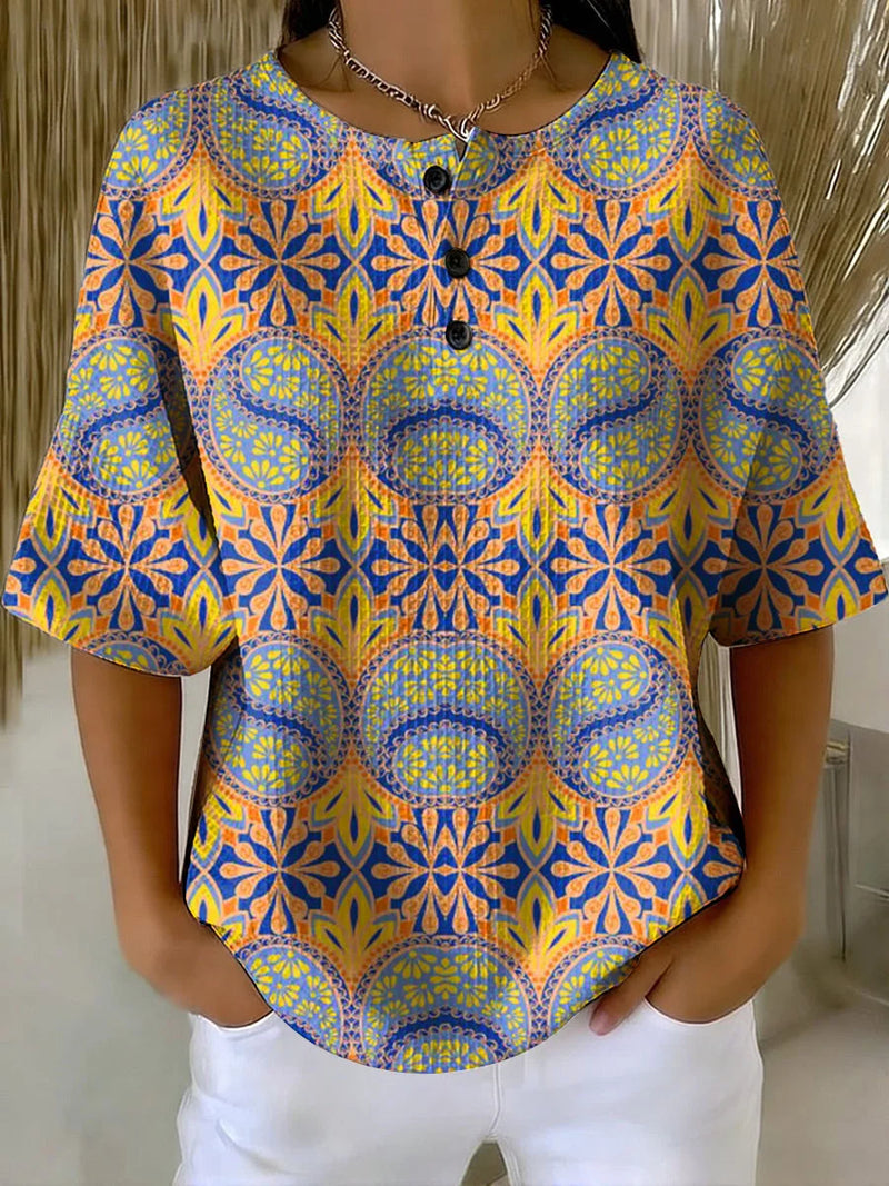 Women's Flower Art Print Casual Waffle Cotton Shirt RSWS2307