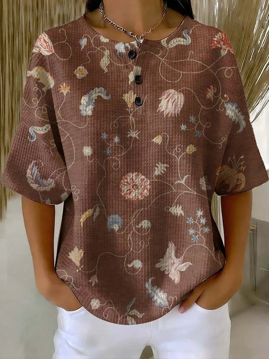Women's Flower Art Print Casual Waffle Cotton Shirt RSWS2309