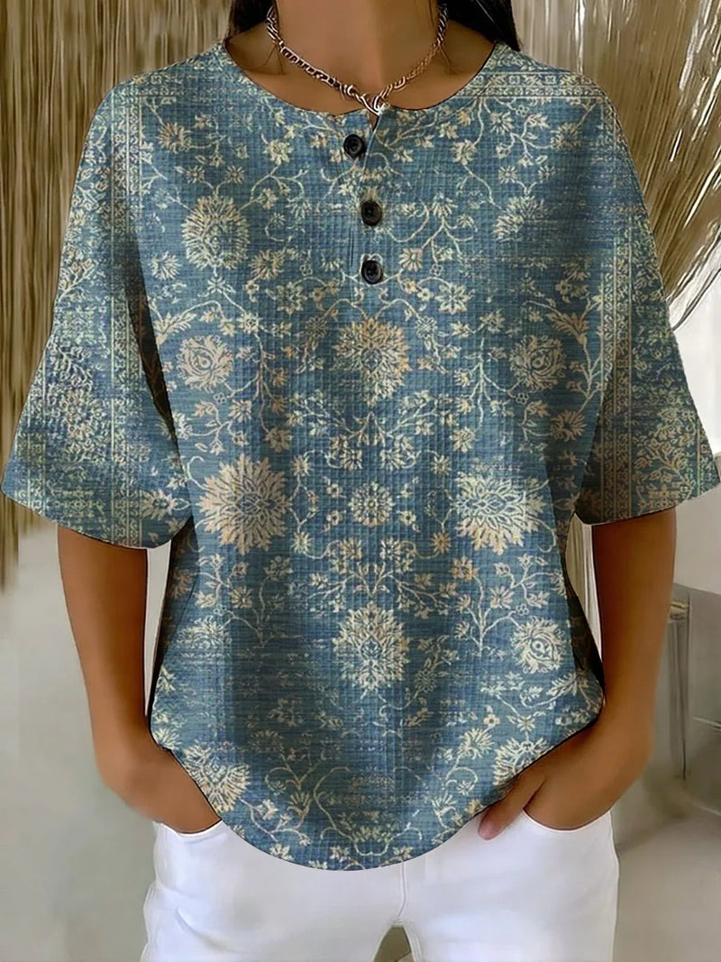 Women's Flower Art Print Casual Waffle Cotton Shirt RSWS2310