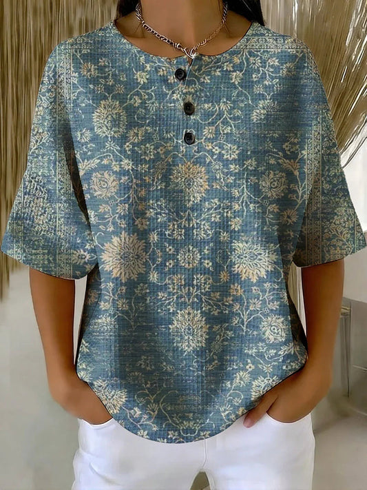 Women's Flower Art Print Casual Waffle Cotton Shirt RSWS2310