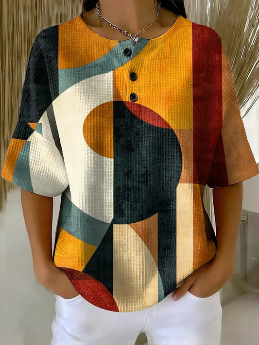 Women's Geometric Pattern Art Print Casual Waffle Cotton Shirt RSWS2304
