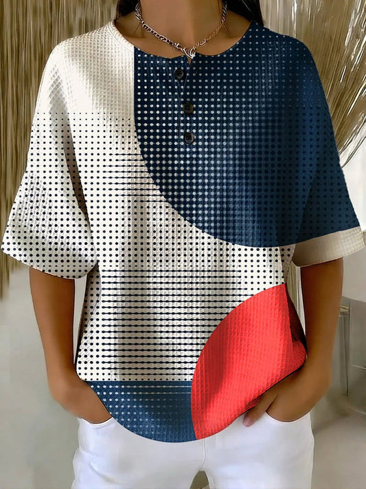 Women's Geometry Art Print Casual Waffle Cotton Shirt RSWS2306