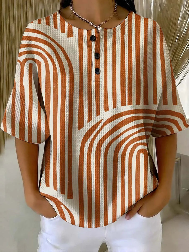 Women's Geometry Art Print Casual Waffle Cotton Shirt RSWS2308