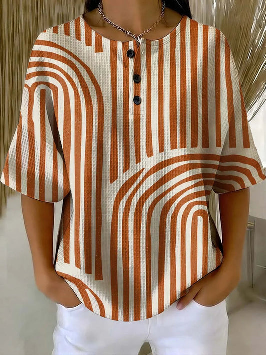 Women's Geometry Art Print Casual Waffle Cotton Shirt RSWS2308