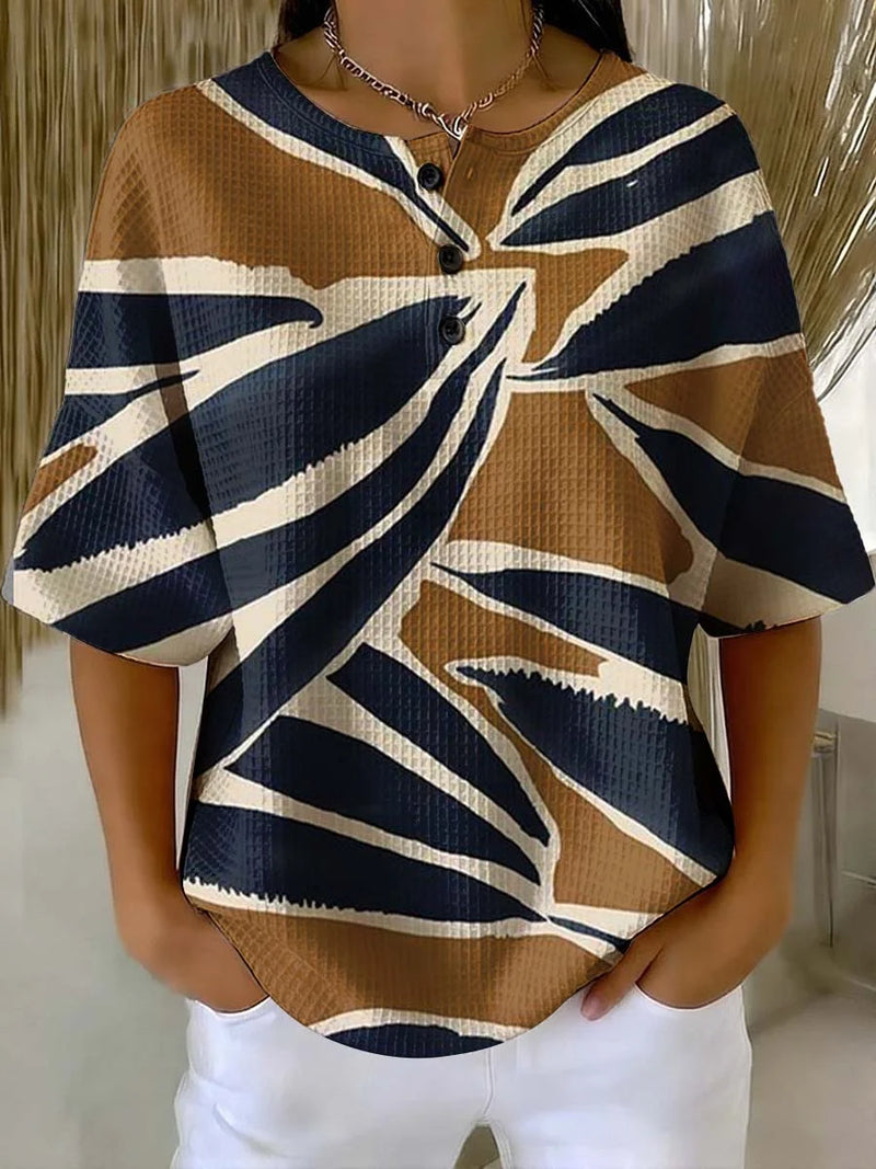 Women's Geometry Art Print Casual Waffle Cotton Shirt RSWS2311
