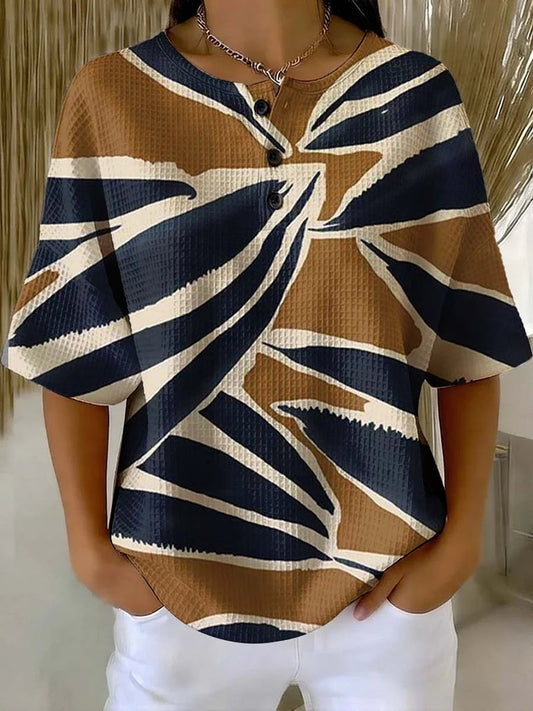 Women's Geometry Art Print Casual Waffle Cotton Shirt RSWS2311
