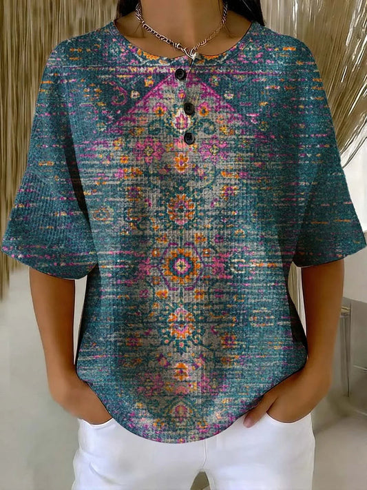 Women's Vintage Floral Art Print Casual Waffle Cotton Shirt RSWS2302