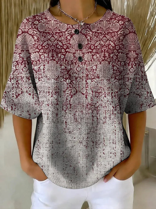 Women's Vintage Floral Pattern Art Print Casual Waffle Cotton Shirt RSWS2303